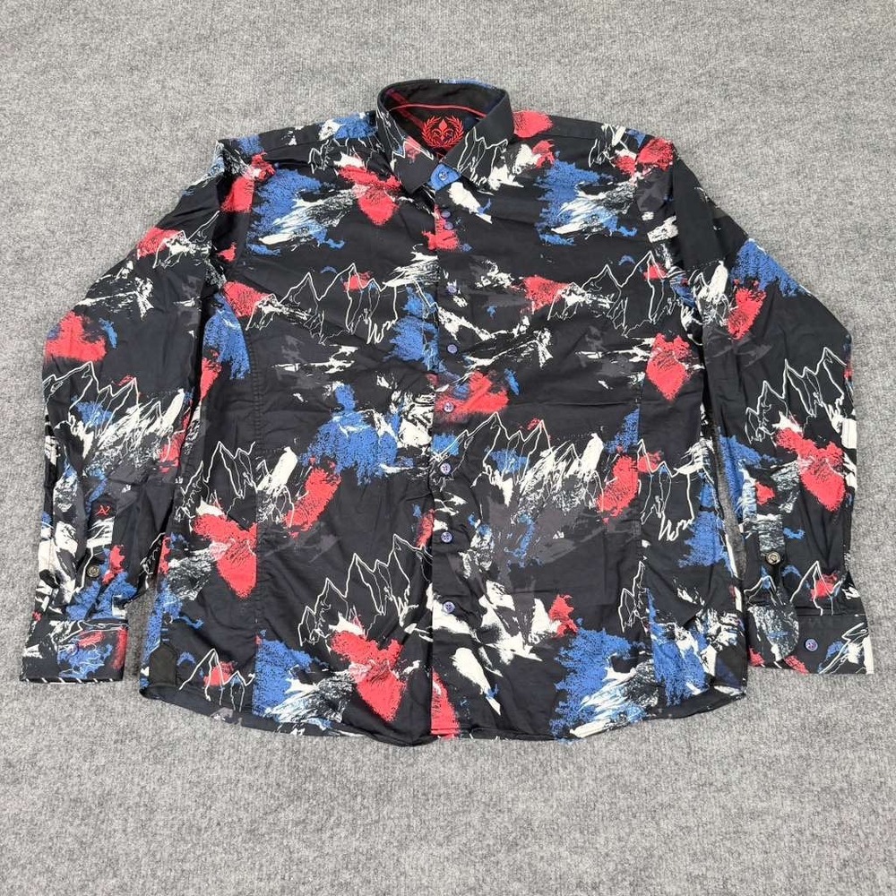 Au Noir Men 6/2XL Button Down Shirt Abstract Mountain Graphic Black Red Blue EUC